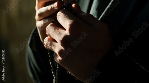 Close-up of a priest holding a rosary and praying, symbolizing faith, devotion, prayer, and spirituality, with focus on the beads and hands against a simple background for a serene religious concept
