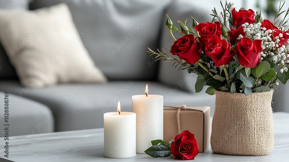 Fototapeta premium Romantic Valentine s Day Living Room with Candles and Rose Bouquet