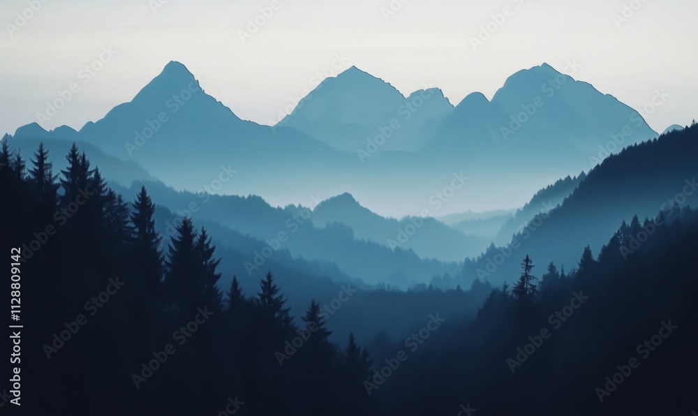 Mountain landscape silhouette with misty valleys and peaks, serene atmosphere, soft blue tones, evergreen trees in foreground Mountain landscape silhouette with misty valleys and peaks, serene atmosphere, soft blue tones, evergreen trees in foreground