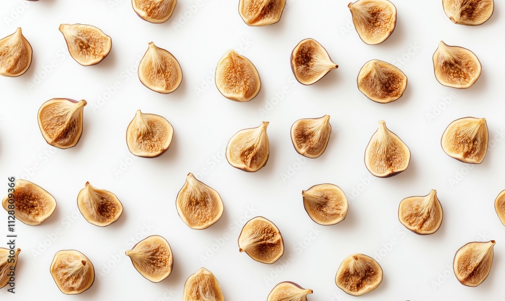 Dried figs arranged on white background, showcasing natural textures and colors. Various shapes and sizes of figs create a visually appealing pattern. Dried figs arranged on white background, showcasing natural textures and colors. Various shapes and sizes of figs create a visually appealing pattern.