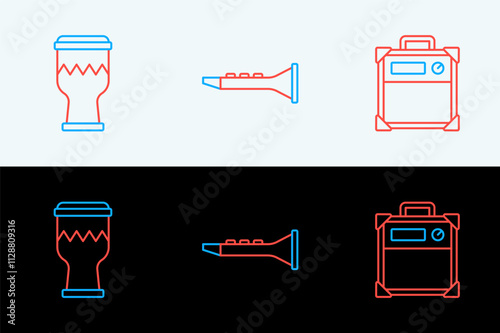 Set line Guitar amplifier, Drum and Clarinet icon. Vector photo