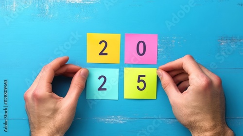 Close-up of hands holding colored sticky notes with the text 