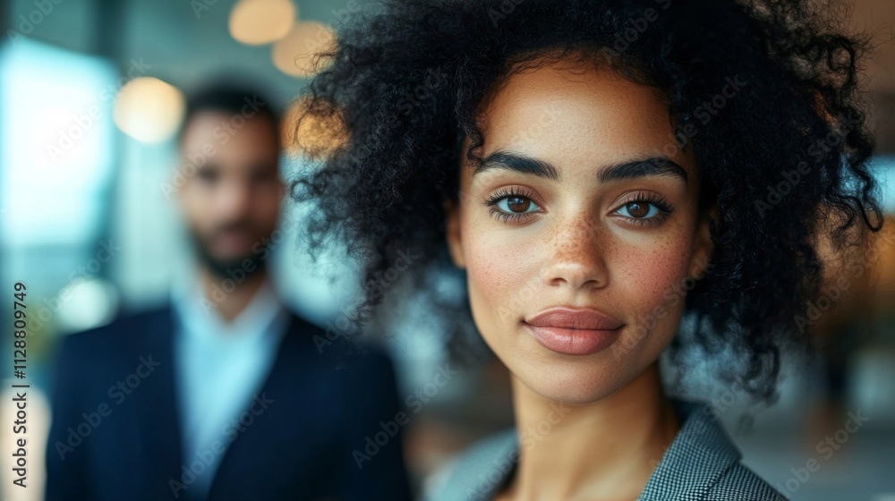 Portrait of a Woman with Curly Hair Looking Directly at the Camera Portrait of a Woman with Curly Hair Looking Directly at the Camera