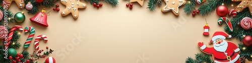Christmas Festival banner with Candy Canes, Stockings, Gingerbread Houses, and Cookies; Clean Light Beige Backdrop for Graphic Design Projects