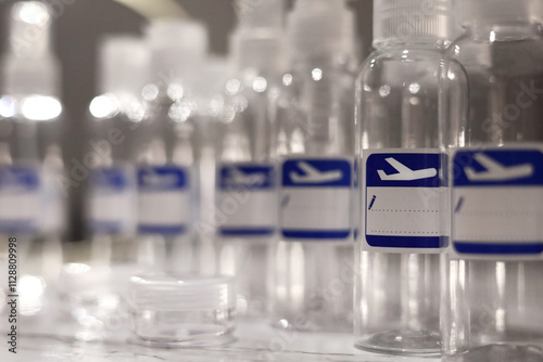 Small, transparent, plastic liquid bottles for plane traveling. Blank label with blue plane icon.