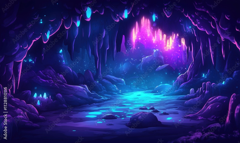 Mystical cave with glowing crystals and vibrant colors, serene water reflection, enchanting atmosphere, fantasy landscape Mystical cave with glowing crystals and vibrant colors, serene water reflection, enchanting atmosphere, fantasy landscape