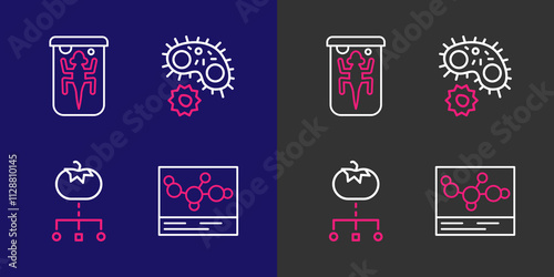 Set line Chemical formula, Genetically modified food, Virus and Experimental animal icon. Vector