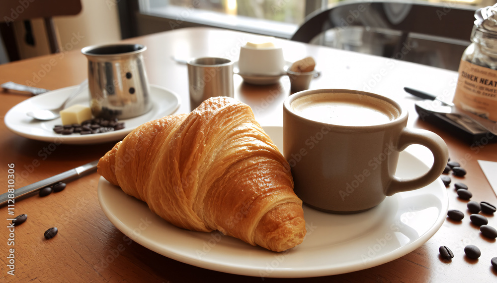 An artisanal butter croissant with golden paired with a steaming cup of cappuccino An artisanal butter croissant with golden paired with a steaming cup of cappuccino
