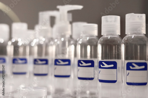 Small, transparent, plastic liquid bottles for plane traveling. Blank label with blue plane icon.