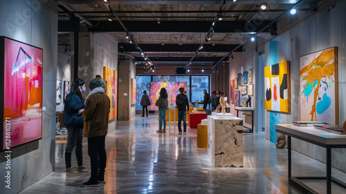 In a vibrant pop-up art gallery, colorful abstract paintings and sculptures by local artists are carefully arranged under warm track lighting, inviting visitors to admire the creativity