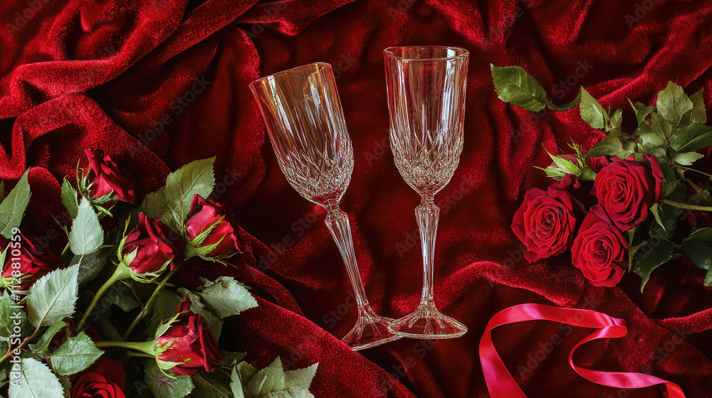 Romantic red roses with crystal glasses on a luxurious velvet tablecloth for special occasions Romantic red roses with crystal glasses on a luxurious velvet tablecloth for special occasions