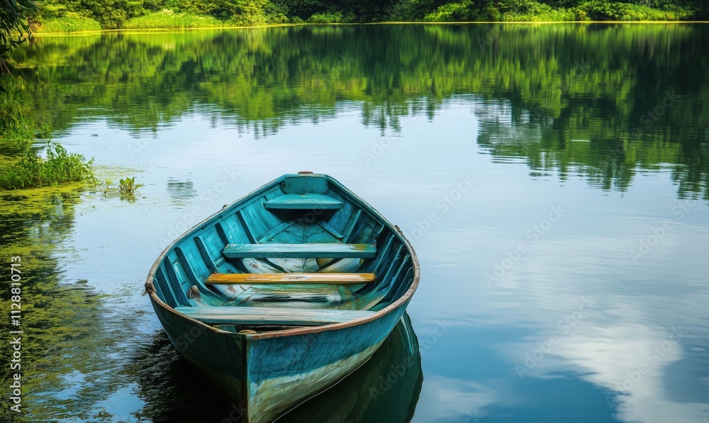 Serene blue boat on calm lake surface, reflections of trees and sky, peaceful nature scene Serene blue boat on calm lake surface, reflections of trees and sky, peaceful nature scene