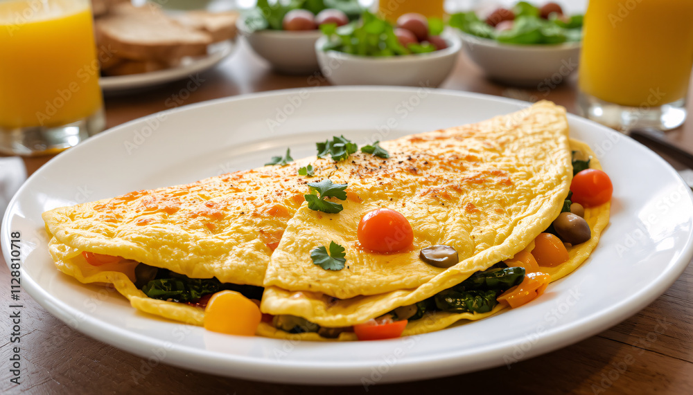 a golden fluffy omelette filled with colorful sautéed vegetables a golden fluffy omelette filled with colorful sautéed vegetables