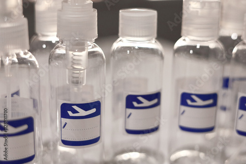Small, transparent, plastic liquid bottles for plane traveling. Blank label with blue plane icon.