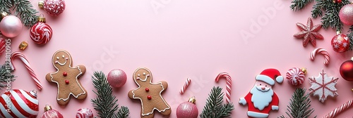 Christmas Gingerbread Houses, Detailed Cookies on Pink-Beige Backdrop, for Marketing Materials