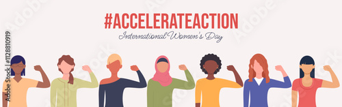 Accelerate Action International Women's Day horizontal banner. Women of different ethnicities in pose of accelerate action. Vector illustration