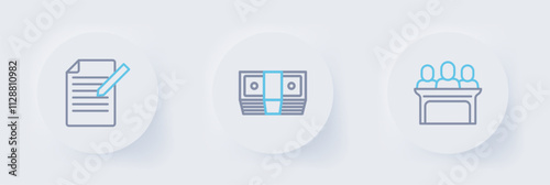 Set line Jurors, Bribe money cash and Document and pen icon. Vector
