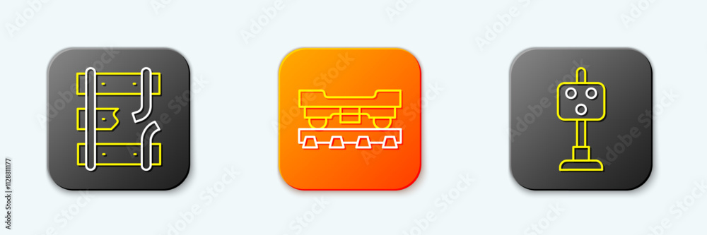 Set line Broken rails on a railway, Cargo train wagon and Train traffic light icon. Vector Set line Broken rails on a railway, Cargo train wagon and Train traffic light icon. Vector