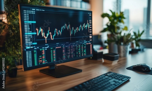 Stock market analysis display, modern office setting with financial charts and data on screen, plants in background