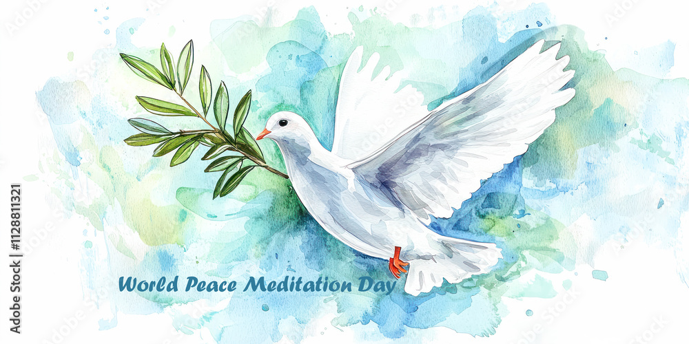 Fototapeta premium Watercolor illustration of a white dove carrying an olive branch on a soft blue-green background for World Peace Meditation Day.