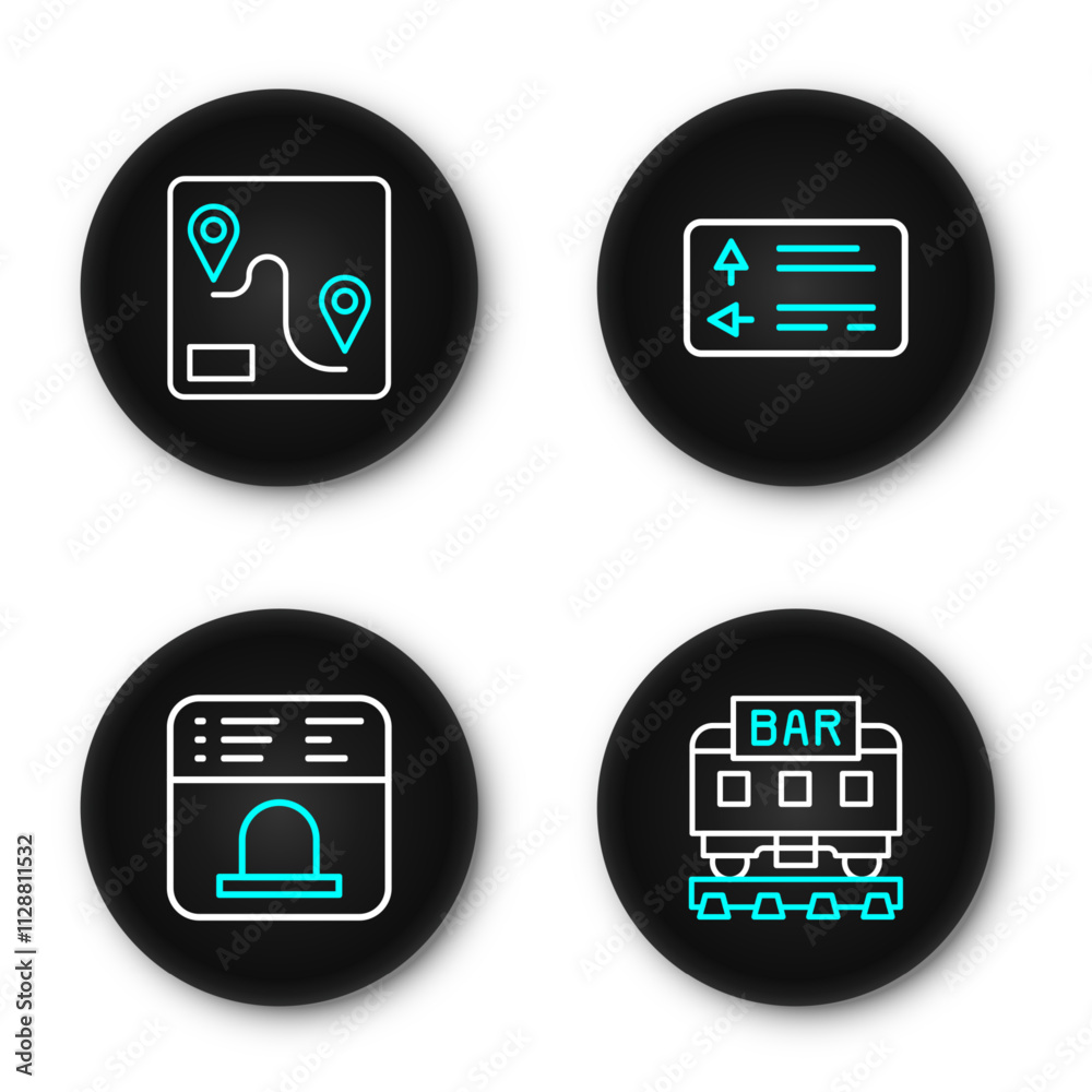 Set line Restaurant train, Ticket office to buy tickets, Road traffic signpost and Route location icon. Vector
