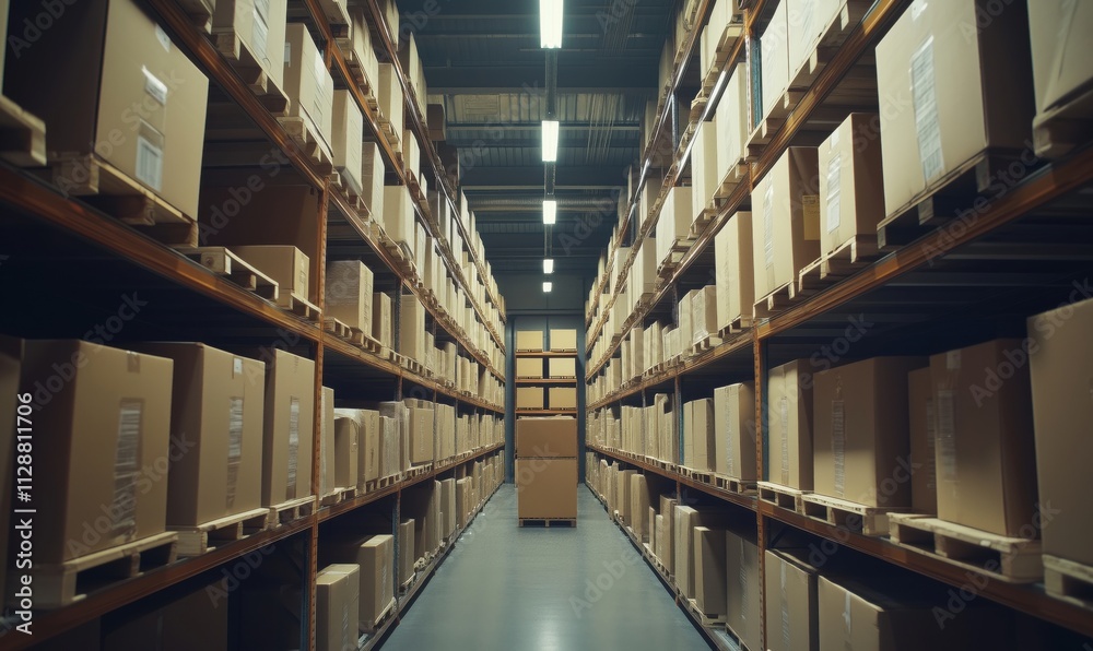 Warehouse storage with stacked boxes and shelves, organized layout, bright lighting, spacious aisle Warehouse storage with stacked boxes and shelves, organized layout, bright lighting, spacious aisle
