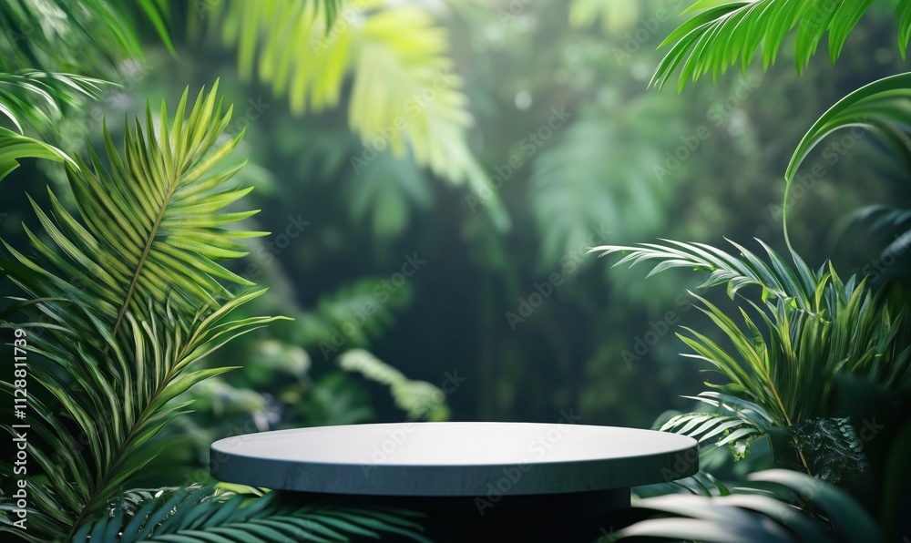 Lush tropical foliage surrounding empty table, vibrant green leaves, soft light filtering through, serene atmosphere, nature backdrop Lush tropical foliage surrounding empty table, vibrant green leaves, soft light filtering through, serene atmosphere, nature backdrop