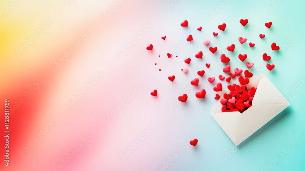 Open envelope with heart-shaped confetti on pastel rainbow background for Valentine's Day Open envelope with heart-shaped confetti on pastel rainbow background for Valentine's Day
