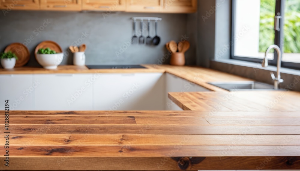 empty wooden tabletop and blurred kitchen mock up for product display empty wooden tabletop and blurred kitchen mock up for product display