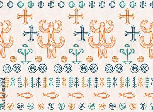 Slavic goddess trypillia culture seamless pattern. Simple moldovan traditional vector. Naive pagan mythology harvest goddess sculpture. Pottery ornament outline.