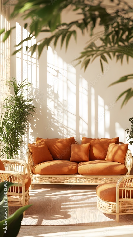 Fototapeta premium A cozy living room with rattan furniture, large windows, and plants.