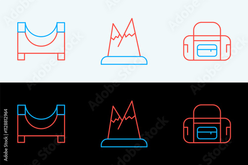 Set line Sport bag, Skate park and Mountains icon. Vector