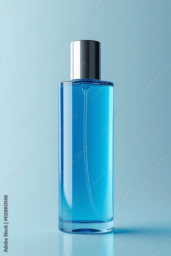 mock up bottle of perfume, see through blue liquid on blue environment studio background, commercial product usage