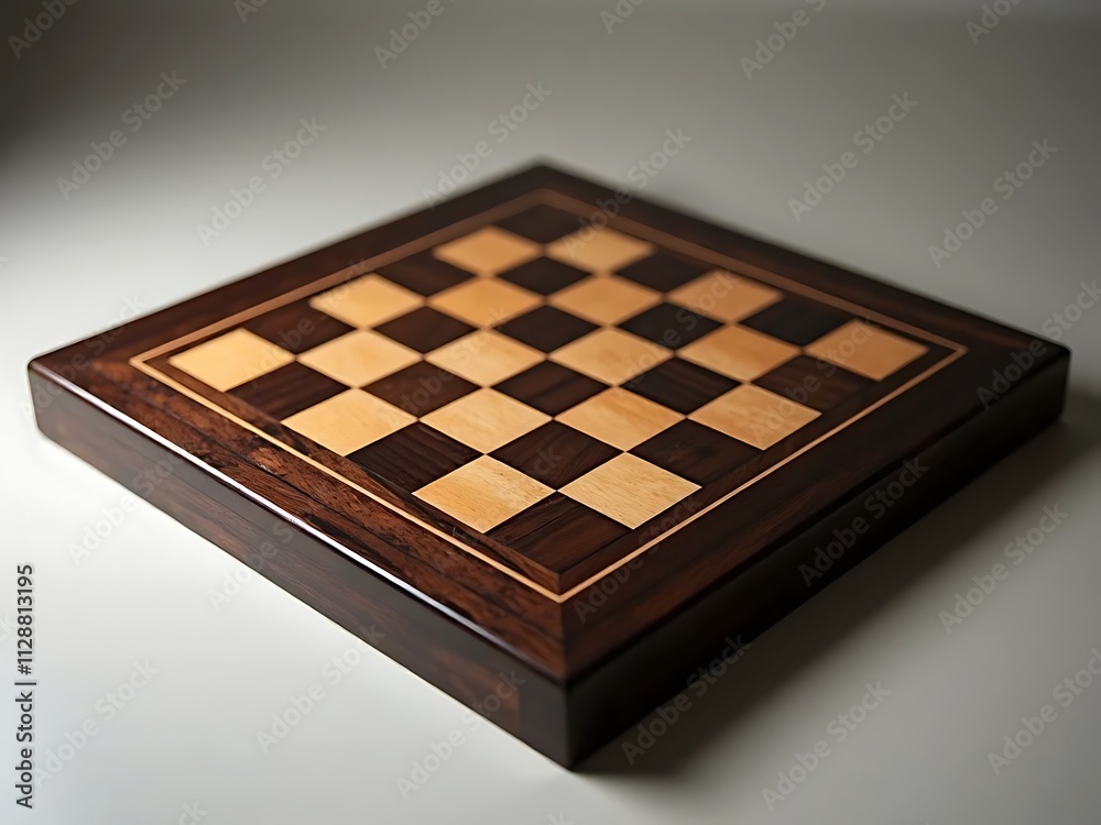 The image is a photograph of a chessboard with a single white king piece in the center. The board is made of dark wood with light wood squares. The image is a photograph of a chessboard with a single white king piece in the center. The board is made of dark wood with light wood squares.
