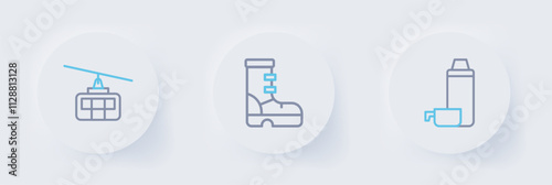 Set line Thermos container, Waterproof rubber boot and Cable car icon. Vector