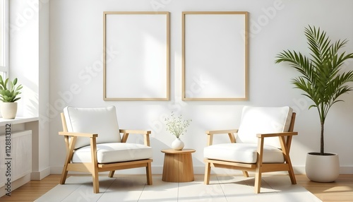 Two wooden armchairs with white cushions in a minimalist living room setting with empty frames on the wall