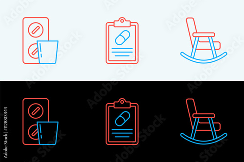Set line Rocking chair, Pills blister pack and Medical prescription icon. Vector