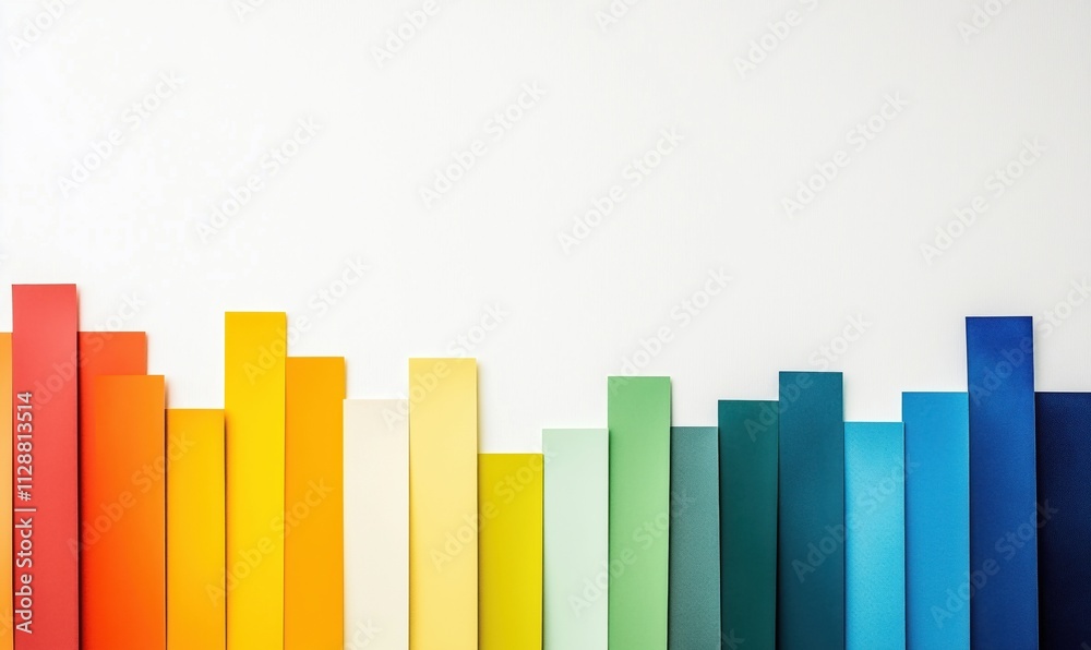 Colorful paper strips arranged in gradient pattern, vibrant hues from red to blue, showcasing variety of colors and textures Colorful paper strips arranged in gradient pattern, vibrant hues from red to blue, showcasing variety of colors and textures