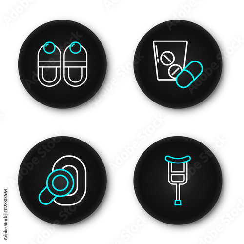 Set line Crutch or crutches, Hearing aid, Medicine pill tablet and Slippers icon. Vector