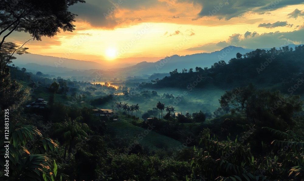 Sunset over lush hills and valleys, vibrant colors, serene landscape, tropical vegetation, river winding through mountains