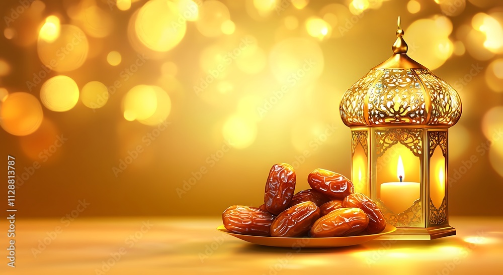 Arabic lantern with a burning candle and dates fruit on a table against a blurred background of greenery, an Arabic culture concept for the Ramadan Kareem celebration