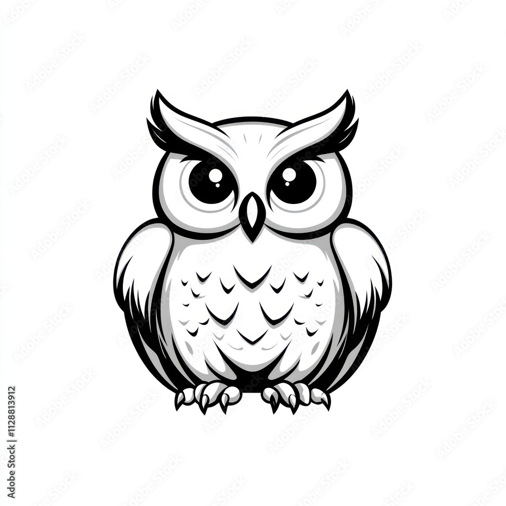 Cute cartoon owl illustration, black and white design. Cute cartoon owl illustration, black and white design.