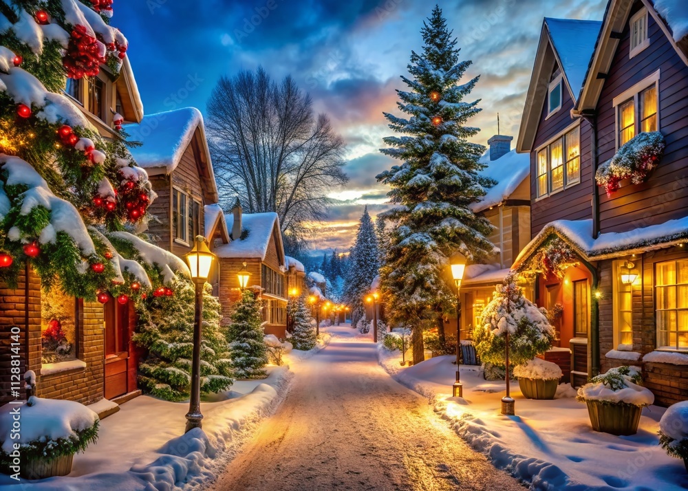 Obraz premium Charming Snowy Street Adorned with Festive Christmas Decorations, Twinkling Lights, and a Magical Winter Atmosphere Perfect for Holiday Celebrations and Seasonal Cheer