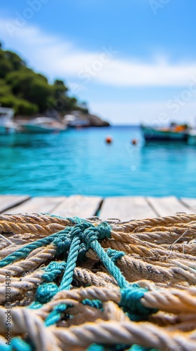 Tranquil Coastal Scene: Knotted Ropes on a Wooden Dock, Turquoise Waters, and Boats in the Background photo