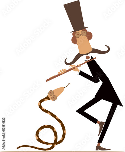 Cartoon musician playing flute to snake. 
Funny tamer in the top hat playing flute to snake. Isolated on white background
