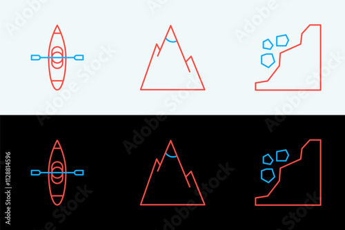 Set line Landslide, Kayak or canoe and Mountains icon. Vector