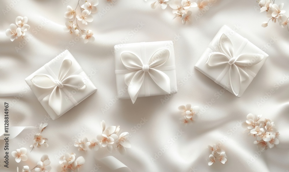 Elegant white gift boxes with bows, surrounded by delicate flowers on soft fabric Elegant white gift boxes with bows, surrounded by delicate flowers on soft fabric