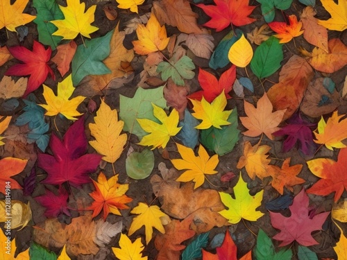 colorful autumm leaves scattered on a forest floor photo