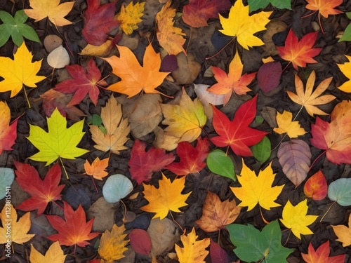 colorful autumm leaves scattered on a forest floor photo