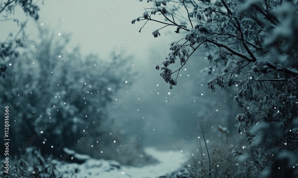 Snowy winter landscape with falling snowflakes, trees covered in frost, serene atmosphere, soft light Snowy winter landscape with falling snowflakes, trees covered in frost, serene atmosphere, soft light